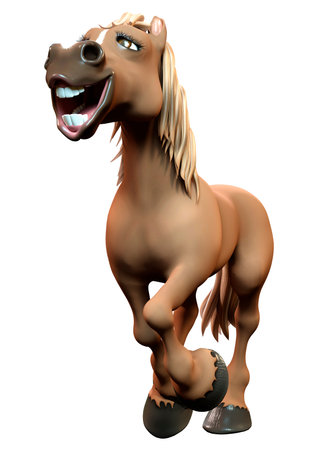 3D rendering of a brown cartoon horse isolated on white backgroundの写真素材