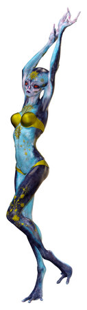 3D rendering of a blue female alien isolated on white backgroundの写真素材