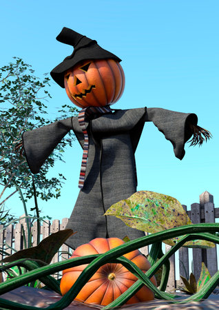 3D rendering of a Jack Pumpkin in the garden, Halloween sceneの写真素材