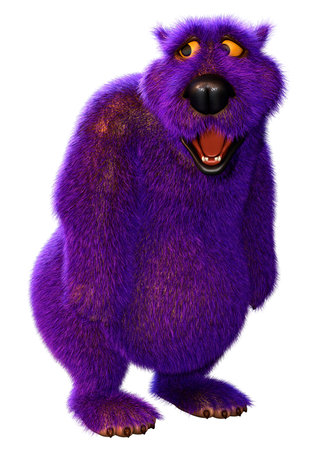 3D rendering of a cartoon purple bear isolated on white backgroundの写真素材
