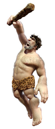 3D rendering of a cartoon caveman holding a club isolated on white backgroundの写真素材