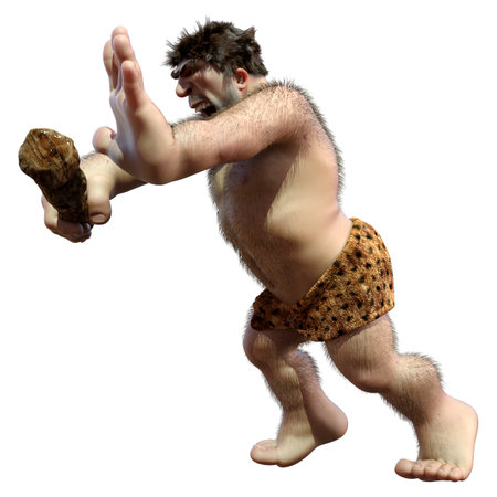 3D rendering of a cartoon caveman holding a club isolated on white backgroundの写真素材