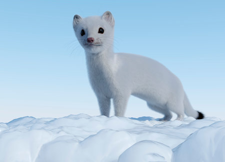 3D rendering of a white weasel standing in the snow, blue sky background