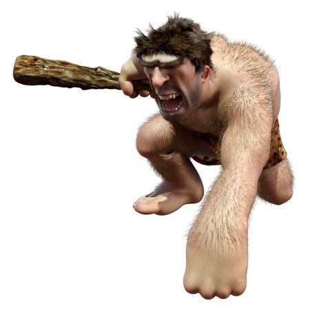 3D rendering of a cartoon caveman holding a club isolated on white backgroundの写真素材