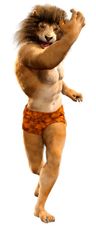 3D rendering of a male lion character isolated on white backgroundの写真素材