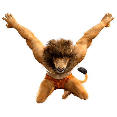 3D rendering of a male lion character isolated on white backgroundの写真素材