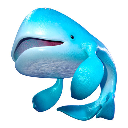 3D rendering of a blue cartoon whale isolated on white backgroundの写真素材