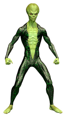 3D rendering of a green alien isolated on white background