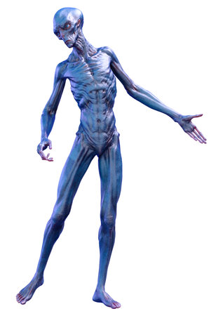 3D rendering of a blue alien isolated on white background