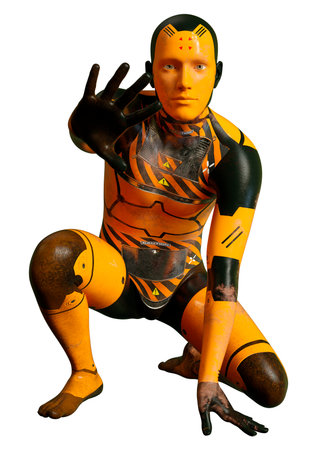 3D rendering of a male robot isolated on white backgroundの写真素材
