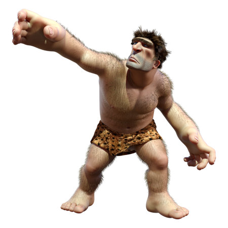 3D rendering of a cartoon caveman isolated on white backgroundの写真素材