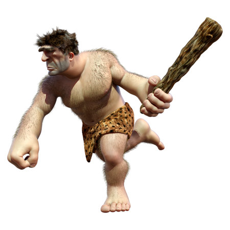 3D rendering of a cartoon caveman holding a club and running isolated on white backgroundの写真素材