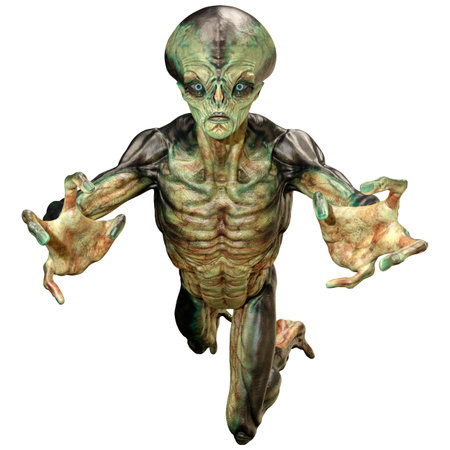 3D rendering of a green alien isolated on white background