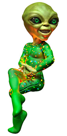 3D rendering of a green alien isolated on white backgroundの写真素材