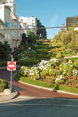 Lombard street in San Francisco with a beautiful blue sky, the crookedest street in the worldの写真素材