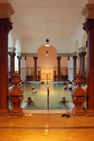 BUDAPEST - CIRCA SEPTEMBER 2009: People have a thermal bath in the Szechenyi spa circa September 2009 in Budapest. Szechenyi Medicinal Bath is the largest medicinal bath in Europe.のeditorial素材