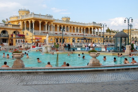 BUDAPEST - CIRCA SEPTEMBER 2009: People have a thermal bath in the Szechenyi spa circa September 2009 in Budapest. Szechenyi Medicinal Bath is the largest medicinal bath in Europe.のeditorial素材