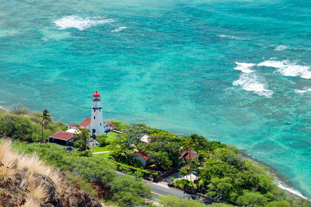 Aerial view of Diamond head lighthouse with azure ocean in background