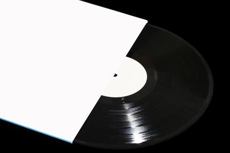 Vinyl record with envelope (for text/picture) isolated over blackの写真素材
