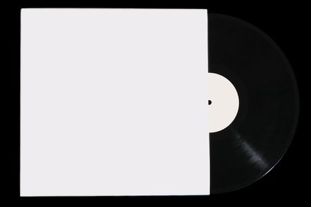Vinyl record with envelope (for text/picture) isolated over blackの写真素材