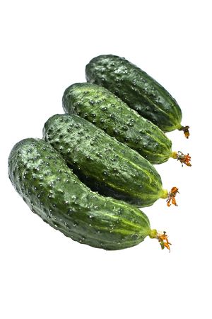 Four fresh cucumbers isolated over whiteの写真素材