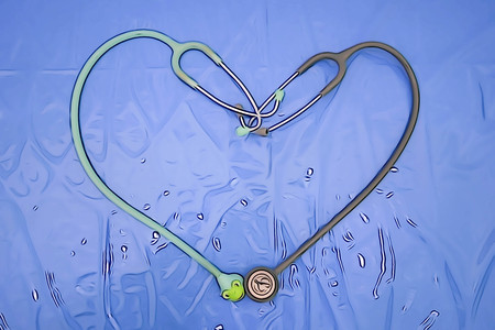 two stethoscpoe line in heart shape on blue backgroundの写真素材