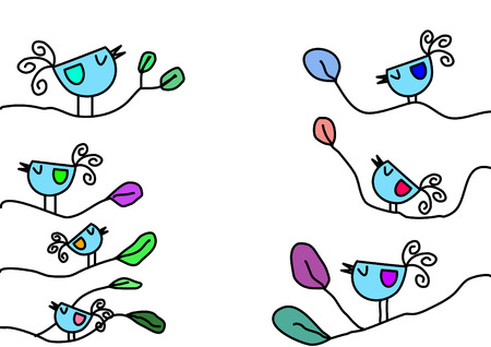 colorful birds vectors stand on branches of treesのイラスト素材