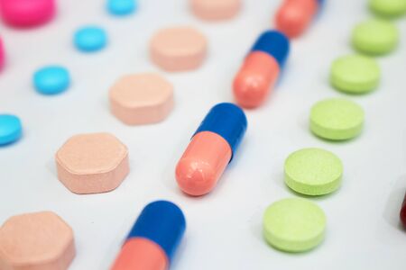 variety of kinds of drugs in lines in Medical healthcare produce manufacturing factory concept with copy space,top viewの写真素材
