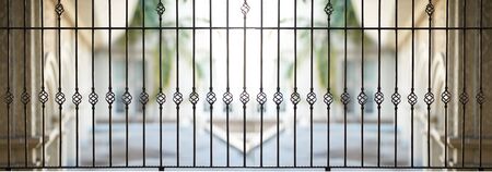 Steel grating window on house veranda with outside view for security and beautiful concept,panorama...