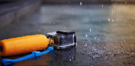 Action camera in waterproof case and floater grip on poolside with water rain drops in stop action and motion blurの写真素材