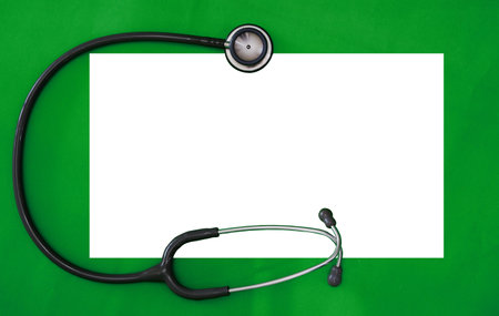 Mock up and stethoscope on green surgery background in diagnosis and treatment medical healthcare concept with copy spaceの写真素材