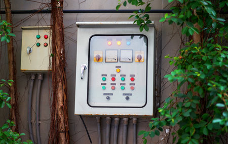 electricity control box on wall hiding amoung nature treeの写真素材