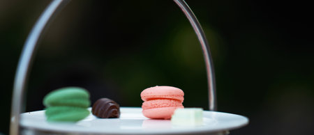 pink macaron and blur green macaron and chocolate on white plate cake stand on blur...