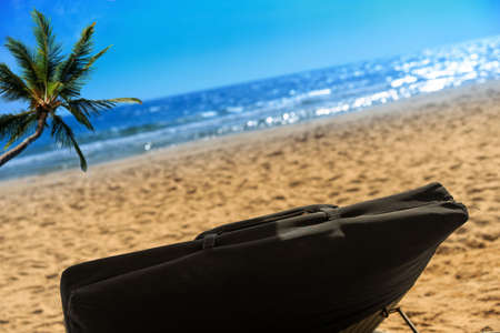 empty beach chair and coconut tree at sand and blue sea in tropical sceneの写真素材