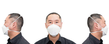 man wear n95 protection corona virus mask isolated on whtie in pandemic covid 19 in side and front viewの写真素材