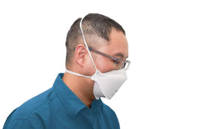 man wear n95 protection corona virus mask isolated on whtie in pandemic covid 19の写真素材