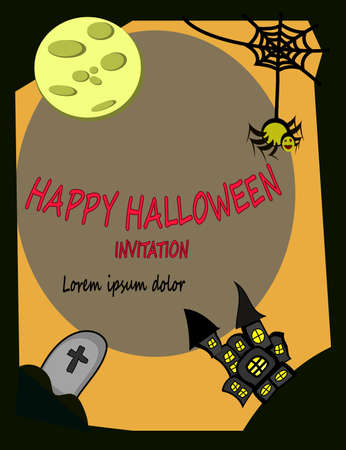 Halloween graphics in a frame consisting of moon, spiders, webs, scary castles. and gravestones cementary, yellow, orange, blackのイラスト素材