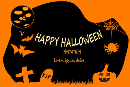 halloween silhouette of bat spider web tombstone cross moon castle in black and orangeのイラスト素材