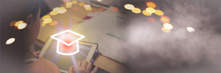 education graduate hat shine graphic on kid online learning at homeの写真素材