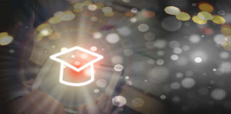 education graduate hat shine graphic on kid online learning at homeの写真素材