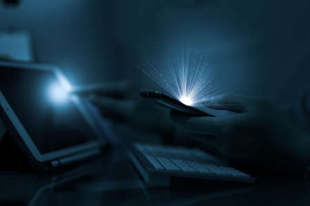 hologram show in air for meta verse technology enter internet cyberspace use virtual network in futuristic innovation communicate to smart phone and computer cyberの写真素材