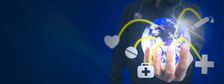 doctor hold global world medical health care option connection technology involve pharmacy injection heart cardio treatment and stethoscope exam for future data researchの写真素材
