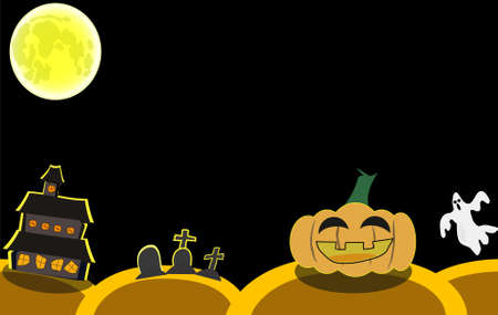 Halloween background in clude moon jack o lantern pumpkins growing cemetery grave yard tombstone and ghost haunted house full moonのイラスト素材