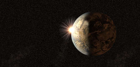 Globe planet earth float in universe with sun light and stars background