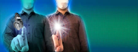 Hologram of Man use meta verse touch future smart virtual internet network technology to work...