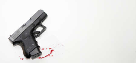 pistol magazine hand gun selective focus isolated on white top view and copy spaceの写真素材