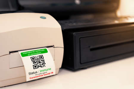 vaccination pass certificate barcode print sticker for passport document in epidemic prevention technology in medicine protection tourist in airport or hospital or restaurant for passengerの写真素材