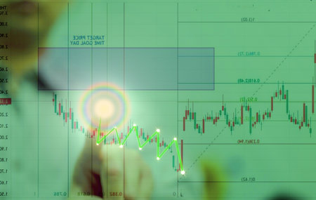 stock investment market in computer show graph and chart in screen of computer for financial money currency analysis and profit exchange use banking for trade and serch information or statistic for success backgroundの写真素材