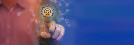 finger press icon technology turn on online network internet communication fururistic background