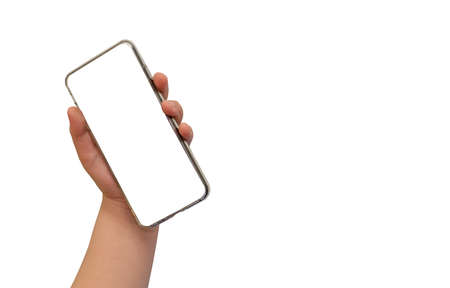hand hold mocking screen smartphone on isolated white backgroundの写真素材